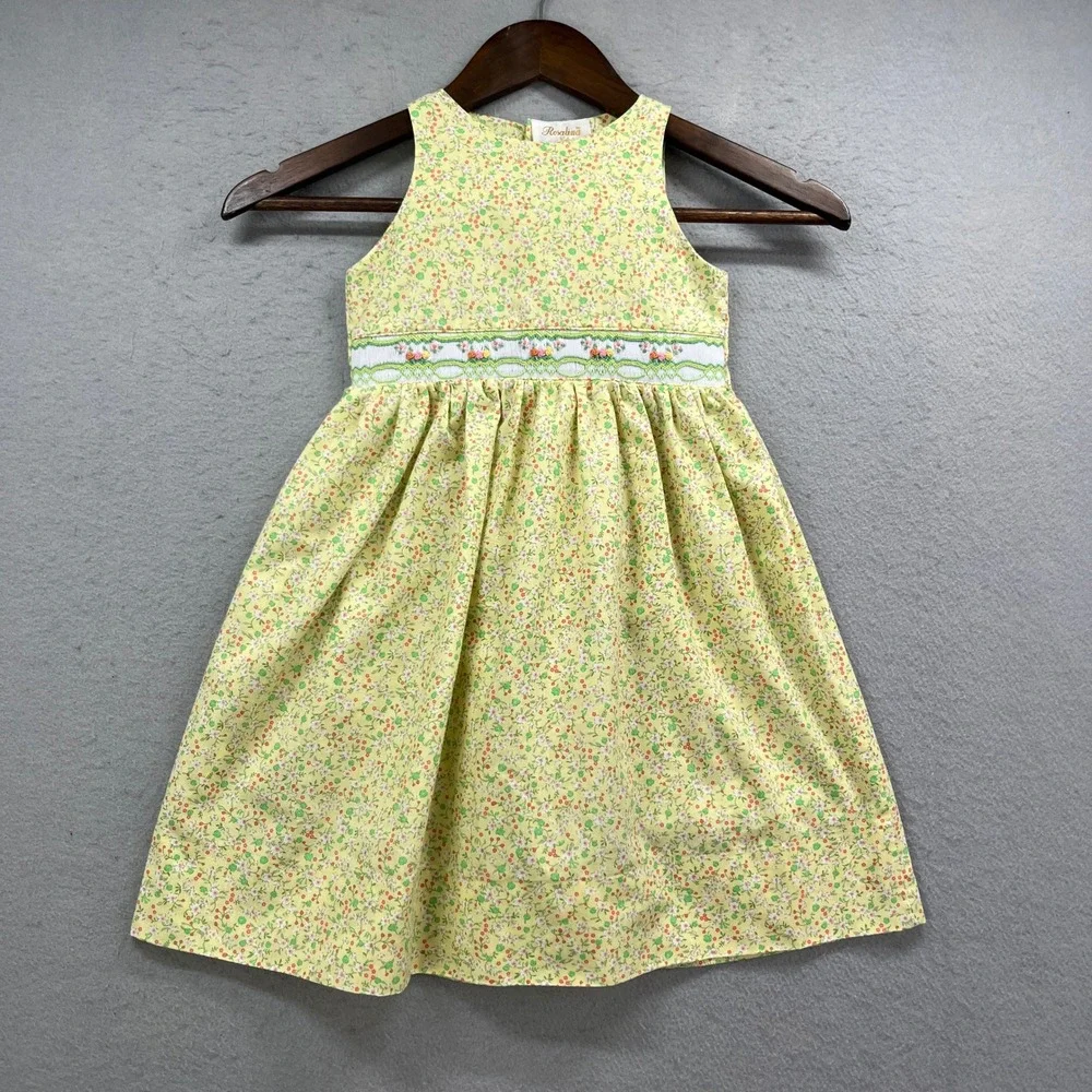 Rosalina Dress Girls 2T Yellow Floral Sleeveless Smocked Cottagecore Spring